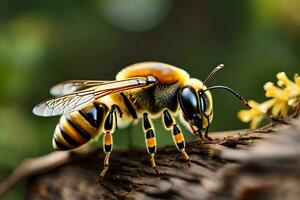 un abeja es sentado en un rama con amarillo flores generado por ai foto