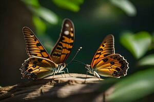 dos mariposas son sentado en parte superior de un registro. generado por ai foto