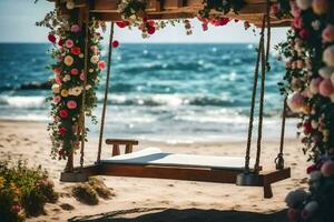 a beach wedding with a swing. AI-Generated photo