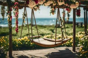 a swing hanging from a wooden frame with flowers. AI-Generated photo