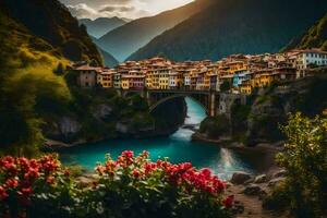 el hermosa pueblo de italiano pueblo en el lado de un montaña. generado por ai foto