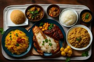 un mesa con un variedad de comida en él. generado por ai foto