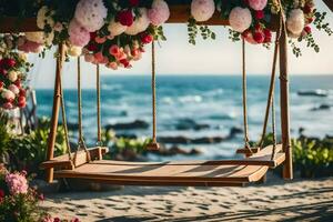 a swing on the beach with flowers. AI-Generated photo