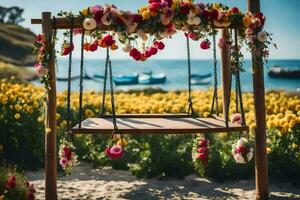 a swing with flowers on it in the middle of the beach. AI-Generated photo