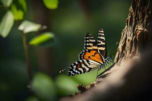 un mariposa es sentado en un árbol trompa. generado por ai foto