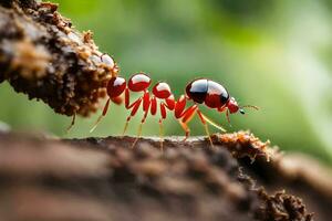 un rojo hormiga gateando en un árbol trompa. generado por ai foto