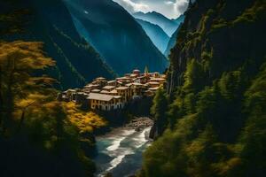 un pequeño pueblo se sienta en el borde de un montaña. generado por ai foto