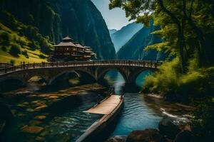 un puente terminado un río en el montañas. generado por ai foto