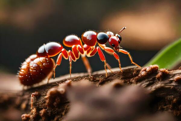 a red ant on a branch. AI-Generated