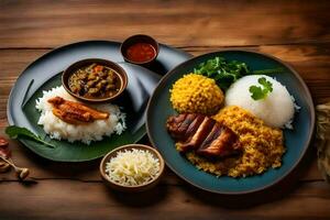 dos platos con arroz, carne y vegetales en un de madera mesa. generado por ai foto