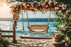 a swing on the beach with flowers and a wooden frame. AI-Generated photo