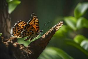 dos mariposas son sentado en un rama. generado por ai foto