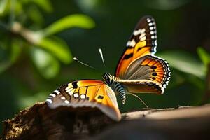 un mariposa es sentado en un rama con verde hojas. generado por ai foto