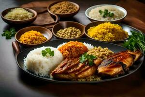 un plato de comida con arroz, pollo y vegetales. generado por ai foto