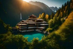 un chino templo en el montañas. generado por ai foto
