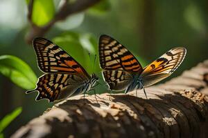 dos mariposas son sentado en un rama. generado por ai foto