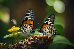 two butterflies are sitting on a tree stump. AI-Generated photo