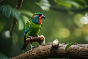 a colorful bird sits on a branch in the forest. AI-Generated photo