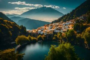 el pueblo de kastoria es anidado en el montañas. generado por ai foto