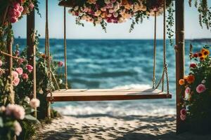 a swing on the beach with flowers and a flower arch. AI-Generated photo