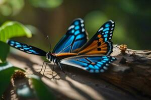 un mariposa con naranja y azul alas es sentado en un rama. generado por ai foto