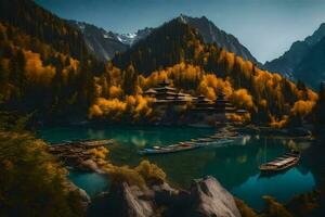 a lake surrounded by mountains and trees. AI-Generated photo