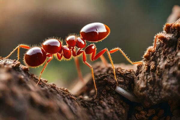 a red ant crawling on a tree trunk. AI-Generated