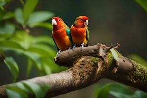 dos vistoso aves sentado en un rama. generado por ai foto