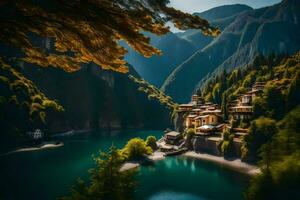 a village sits on the edge of a lake surrounded by mountains. AI-Generated photo