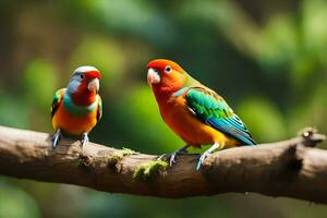 two colorful birds sitting on a branch. AI-Generated photo