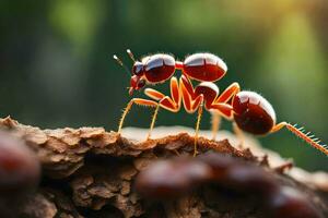 an ant is standing on top of a log. AI-Generated photo