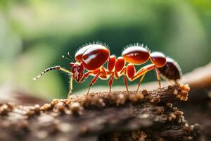 a red ant is standing on a log. AI-Generated photo