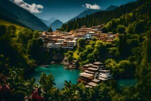 el pueblo de el montañas en el medio de un lago. generado por ai foto