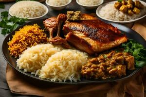 a plate of food with rice, meat and rice. AI-Generated photo