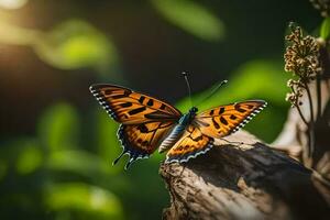 un mariposa es sentado en un árbol rama. generado por ai foto