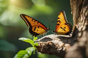 dos mariposas son sentado en un árbol rama. generado por ai foto