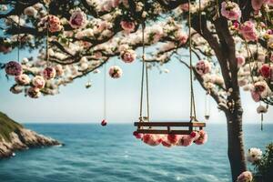 a swing hanging from a tree with pink flowers. AI-Generated photo