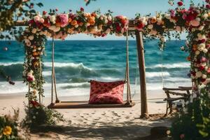 a swing on the beach with flowers and a pillow. AI-Generated photo