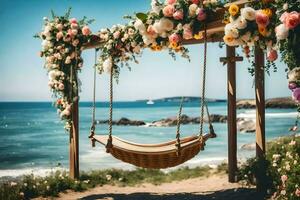 a swing hanging from a wooden frame on the beach. AI-Generated photo