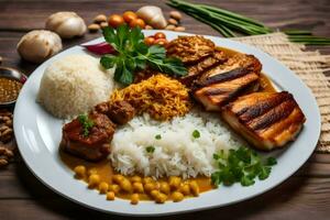 un plato de comida con arroz, carne y vegetales. generado por ai foto