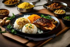 un plato de comida con arroz, carne y vegetales. generado por ai foto