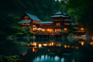 a chinese house in the woods at night. AI-Generated photo