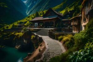 a house in the mountains with a path leading to it. AI-Generated photo