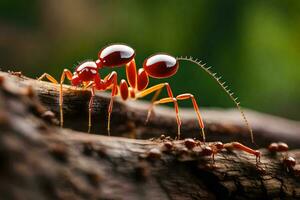 un rojo hormiga es en pie en un rama. generado por ai foto