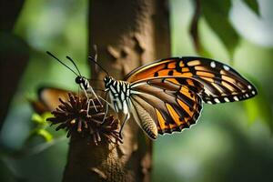 a butterfly is sitting on a branch with leaves. AI-Generated photo