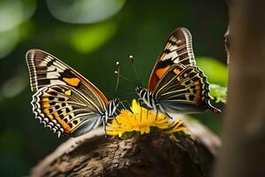 dos mariposas son sentado en parte superior de un flor. generado por ai foto