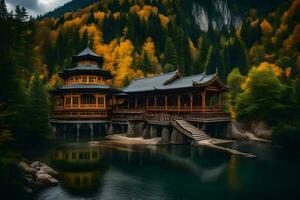 un chino templo se sienta en el borde de un lago rodeado por arboles generado por ai foto