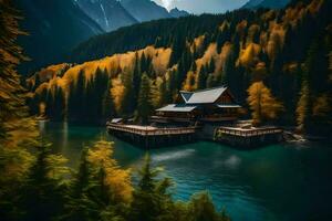 a cabin sits on a dock surrounded by trees. AI-Generated photo