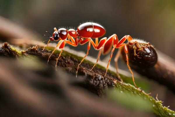 a red ant carrying a small bug. AI-Generated