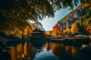 a beautiful autumn scene with a pagoda in the middle of a lake. AI-Generated photo